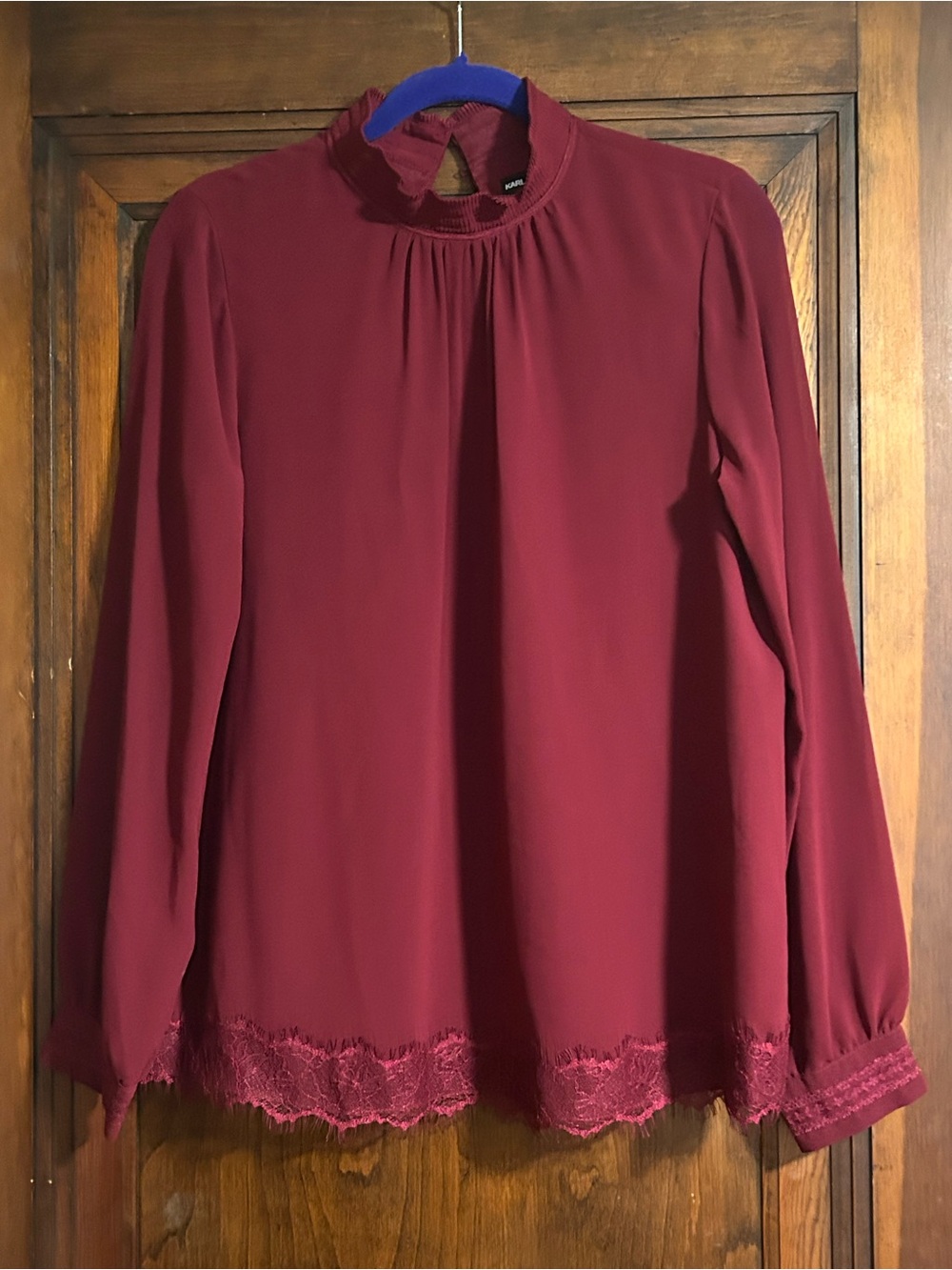 Karl Lagerfeld Paris Burgundy Lace Trim Mock Neck Blouse Medium